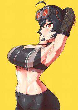 1girl absurdres ahoge armpits arms_behind_head arms_up black_bra black_hair black_pants bra breasts cleavage crop_top goggles goggles_on_head grace_howard highres large_breasts looking_at_viewer navel open_mouth pants red-framed_eyewear red_eyes short_hair solo sports_bra stomach sweat underwear yellow_background yodokogon zenless_zone_zero zipper