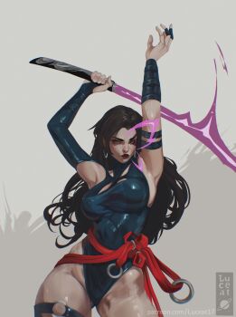 Rule 34 | 1girl, absurdres, arm strap, armpits, arms up, artist name, black hair, blue gloves, blue leotard, breasts, closed mouth, commentary, cowboy shot, earrings, elbow gloves, gloves, grey background, grey eyes, groin, halter leotard, halterneck, highleg, highleg leotard, highres, holding, holding sword, holding weapon, hoop earrings, jewelry, large breasts, leotard, lips, long hair, looking at viewer, luceat17, marvel, marvel rivals, muscular, muscular female, nose, o-ring, o-ring thigh strap, patreon username, psylocke, psylocke (vengeance), purple lips, red sash, sash, sidelocks, simple background, single elbow glove, skin tight, solo, standing, superhero costume, sword, thigh strap, waist sash, weapon, x-men