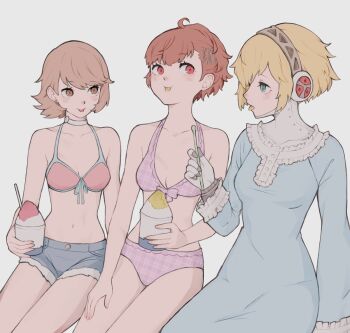3girls :p ahoge aigis_(persona) android bikini bikini_top_only blonde_hair blue_dress blue_eyes blue_shorts blush breasts brown_eyes brown_hair choker closed_mouth commentary cowboy_shot cup denim denim_shorts disposable_cup dress flipped_bangs flipped_hair food frilled_dress frilled_sleeves frills front-tie_bikini_top front-tie_top gold_hairband hair_ornament hairband hairclip hand_on_own_thigh holding holding_food holding_shaved_ice long_sleeves looking_at_another mechanical_hands medium_breasts multiple_girls navel open_mouth persona persona_3 persona_3_portable pink_bikini ponytail red_eyes red_hair robot_ears shaved_ice shiomi_kotone short_hair short_shorts shorts simple_background sitting stomach swimsuit symbol-only_commentary takeba_yukari tbjj1208 tongue tongue_out white_background white_choker