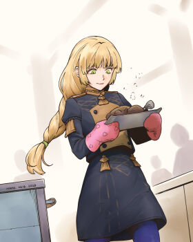 Rule 34 | 1girl, 3others, artist name, black skirt, blonde hair, blue pantyhose, buttons, closed mouth, commentary request, dated, fire emblem, fire emblem: three houses, food, garreg mach monastery uniform, green eyes, gwangc, hands up, highres, ingrid brandl galatea, korean commentary, long hair, mittens, multiple others, nintendo, oven mitts, pantyhose, pink mittens, skirt, smile, solo focus, very long hair