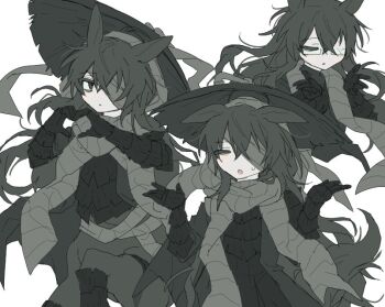 1boy animal_ears armor bandage_over_one_eye black_armor black_eyes black_hair black_hat centaur commentary_request crack glasses grey_scarf hat heart heart_hands heishou_pack-wu_branch_(identity)_(project_moon) horse_boy horse_ears kongekong2 limbus_company multiple_views project_moon scarf simple_background taur umapyoi_densetsu white_background yi_sang_(project_moon)