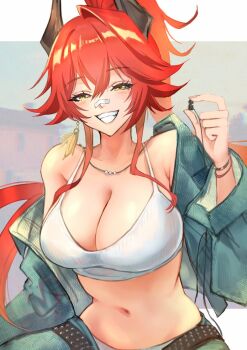 breasts camisole earbuds earphones gauze gauze_on_nose goddess_of_victory:_nikke green_jacket hanada_nadako highres horns jacket mechanical_horns navel official_alternate_costume ponytail red_hair red_hood_(nikke) smile white_camisole yellow_eyes