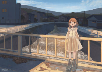 1girl :o absurdres adjusting_hood after_rain ariake_(shiroan_koshian) artist_name blue_sky blush boots bridge brown_eyes brown_hair canal commentary_request day floating_hair highres hood hood_down hooded_coat house looking_at_viewer medium_hair mountainous_horizon original outdoors puddle railing raincoat rubber_boots scenery shadow sky solo standing town urban water wide_shot