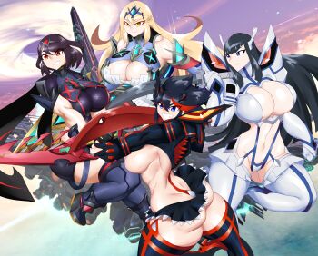 4girls absurdres aegis_sword_(xenoblade) ass bakuzan bare_shoulders black_hair black_shorts blonde_hair blue_eyes bob_cut breasts chest_jewel cleavage cleavage_cutout clothing_cutout core_crystal_(xenoblade) crossover dress earrings elbow_gloves fingerless_gloves floating_earrings gem gloves headpiece highres holding holding_sword holding_weapon huge_breasts impossible_clothes jewelry junketsu kailyn kamui_(kill_la_kill) kill_la_kill kiryuuin_satsuki large_breasts life_fiber living_clothes long_hair matoi_ryuuko microdress microskirt midriff multicolored_hair multiple_girls mythra_(xenoblade) navel no_dickey official_alternate_color official_alternate_costume official_alternate_hair_color pantyhose pyra_(xenoblade) red_eyes red_hair revealing_clothes school_uniform scissor_blade_(kill_la_kill) senketsu serafuku short_hair shorts siblings sideboob skirt smile streaked_hair suspenders swept_bangs sword thick_eyebrows thighhighs thighhighs_over_pantyhose tiara two-tone_hair underboob very_long_hair weapon xenoblade_chronicles_(series) xenoblade_chronicles_2 yellow_eyes