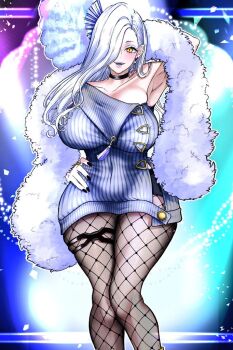 1girl bare_shoulders black_shorts blue_lips blush breasts choker cleavage commentary_request dress earrings eyeliner fate/grand_order fate_(series) fishnet_pantyhose fishnets folding_fan fur_shawl grey_dress grey_hair hair_over_one_eye hand_fan hoop_earrings jewelry large_breasts long_hair looking_at_viewer makeup mrs._snake_(fate) off_shoulder open_mouth pantyhose satou_nui shawl short_shorts shorts smile solo sweater sweater_dress tassel thighs yellow_eyes