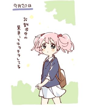 1girl backpack bag blue_shirt blush_stickers closed_mouth collared_shirt contrast_collar cropped_legs green_eyes hair_bobbles hair_ornament hashtag-only_commentary highres long_sleeves namori pink_hair pleated_skirt shirt short_hair short_twintails skirt solo standing translation_request twintails white_skirt yoshikawa_chinatsu yuruyuri