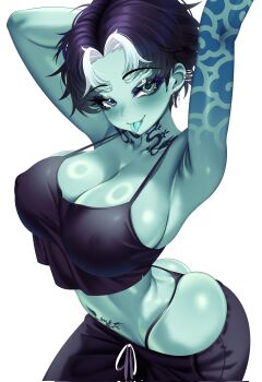 1girl aqua_eyes aqua_skin aqua_tongue arm_behind_head arm_up armpits black_hair black_panties breasts capycapy collarbone colored_skin corrupted_twitter_file covered_erect_nipples crop_top earrings eyelashes highres jewelry large_breasts midriff multicolored_hair navel neck_tattoo original panties short_hair solo stomach_tattoo strap_gap streaked_hair tattoo tongue tongue_out underwear white_hair