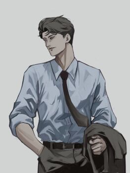 Rule 34 | 1boy, absurdres, alternate costume, belt, black hair, black necktie, blue shirt, collared shirt, commentary, cowboy shot, english commentary, formal clothes, hand in pocket, highres, jacket, jacket on arm, logicsterrr, looking to the side, male focus, mordret (shadow slave), necktie, shadow slave, shirt, shirt tucked in, short hair, sleeves rolled up, solo, unworn jacket