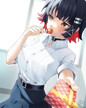 1girl absurdres averting_eyes belted_skirt black_hair blue_skirt blush camus_(luthfancamus) candy colored_inner_hair commentary ellen_joe ellen_joe_(on_campus) english_commentary food gift highres holding holding_candy holding_food holding_lollipop incoming_gift indoors lollipop mole mole_under_eye multicolored_hair no_tail official_alternate_costume orange_eyes pendant_choker razor_blade_hair_ornament shark_girl shirt short_hair signature skirt sleeves_rolled_up solo upper_body v-shaped_eyebrows valentine white_shirt window zenless_zone_zero