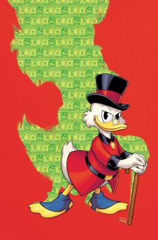 1boy black_hat cane coat commentary duck_boy ducktales english_commentary furry furry_male glasses hat highres looking_at_viewer mickey_mouse_&amp;_friends red_background red_coat round_eyewear russell_dauterman scrooge_mcduck signature solo top_hat