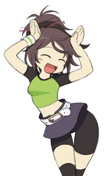 Rule 34 | 1girl, ^ ^, belt, bike shorts, bike shorts under skirt, black thighhighs, blush, breasts, brown hair, caramelldansen, closed eyes, exit tunes, highres, mako (exit tunes), midriff, open mouth, p (pm 611a), ponytail, rabbit pose, shirt, short sleeves, shorts, simple background, skirt, small breasts, solo, thighhighs, white background, white belt, wristband