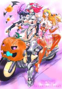 2girls absurdres breasts halloween highres huge_breasts long_hair motor_vehicle motorcycle multiple_girls original yuri_ai