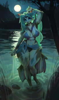 1girl animal_ears arm_up bikini blue_eyes bonifasko breasts brown_fur full_moon furry furry_female glasses green_hair highres lake large_breasts long_hair looking_at_viewer miliam_(genemon) moon navel night original outdoors sarong solo standing swimsuit tail tree wolf_ears wolf_girl wolf_tail