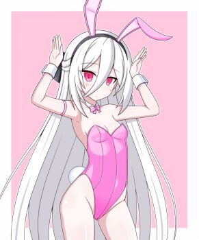 1girl albino animal_ear_hairband animal_ears aqua_background blue_archive bow bowtie breasts chagama_(tyagama0927) commentary_request contrapposto cowboy_shot detached_collar fake_animal_ears hairband half_updo kei_(blue_archive) kei_(new_body)_(blue_archive) leotard long_hair looking_at_viewer pink_bow pink_bowtie pink_leotard playboy_bunny rabbit_ears rabbit_pose rabbit_tail red_eyes ringed_eyes small_breasts solo standing strapless strapless_leotard tail two-tone_background variant_set very_long_hair white_hair wrist_cuffs