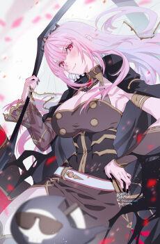 1girl absurdres black_cape black_dress black_tiara blurry blurry_foreground blush breasts cape cleavage death-sensei_(mori_calliope) depth_of_field detached_sleeves dress falling_petals happy_new_year highres holding holding_scythe hololive hololive_english jewelry kamiya_maneki large_breasts long_hair looking_at_viewer mori_calliope mori_calliope_(1st_costume) new_year petals pink_eyes pink_hair red_eyes scythe shoulder_spikes single_detached_sleeve smile solo spiked_cape spikes tiara veil virtual_youtuber