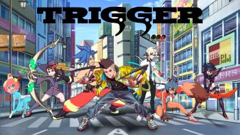 agata_katsuhira brand_new_animal crossover cyberpunk_(series) cyberpunk:_edgerunners david_martinez emiladylbekuulu galo_thymos highres kagari_atsuko kagemori_michiru kill_la_kill kiznaiver little_witch_academia logo luluco matoi_ryuuko multiple_crossover non-web_source promare simple_background studio_trigger transparent_background trigger_(company) uchuu_patrol_luluco