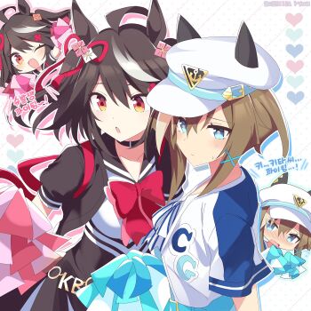 2girls ahoge alternate_costume animal_ears black_hair blue_eyes blush breasts brown_hair cheval_grand_(umamusume) commentary_request ears_through_headwear hair_between_eyes hair_ornament hat highres horse_ears horse_girl kitasan_black_(umamusume) korean_text multicolored_hair multiple_girls open_mouth red_eyes ryuu_(ryuraconis) short_hair short_sleeves translation_request umamusume white_hair white_hat