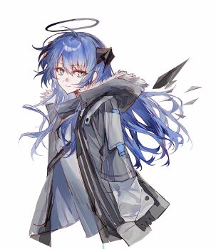 Rule 34 | 1girl, arknights, black halo, black horns, black jacket, blue eyes, blue hair, bochishiraita, closed mouth, cropped torso, detached wings, fur-trimmed hood, fur trim, hair between eyes, halo, highres, hood, hood down, hooded jacket, horns, jacket, long hair, looking at viewer, mostima (arknights), open clothes, open jacket, simple background, smile, solo, white background, wings