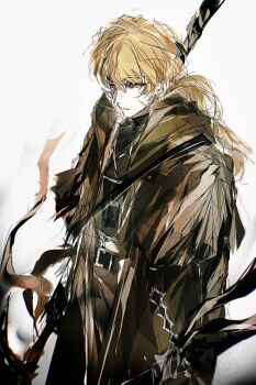 1boy a_certain_sinclair_(project_moon) aged_up bags_under_eyes belt black_belt black_gloves black_shirt blonde_hair brown_coat brown_pants coat from_above gloves halberd half-closed_eyes hashtag-only_commentary highres holding holding_polearm holding_sword holding_weapon limbus_company long_hair male_focus pants polearm ponytail project_moon rostina_rt scar scar_on_face shirt sinclair_(project_moon) sketch solo spoilers sword weapon white_background yellow_eyes