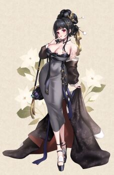 1girl arm_tattoo barcode barcode_tattoo breast_tattoo breasts butterfly_tattoo collarbone commentary commentary_request d_(killer_wife)_(nikke) d_(nikke) dongtan_dress dress english_commentary floral_print full_body goddess_of_victory:_nikke grey_dress hanbok highres korean_clothes korean_commentary large_breasts mixed-language_commentary off_shoulder official_alternate_costume pencil_dress solo tattoo tongue tongue_out trhisell