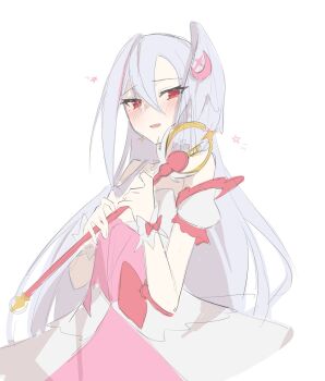 1girl bare_shoulders blue_archive blush commentary_request crescent crescent_hair_ornament cropped_torso detached_sleeves dress hair_ornament head_wings highres holding holding_wand kototuki_nyan magical_girl mole mole_under_eye official_alternate_costume pink_dress red_eyes simple_background single_head_wing sketch solo star_(symbol) suzumi_(blue_archive) suzumi_(magical)_(blue_archive) underbust wand white_hair wings wrist_cuffs