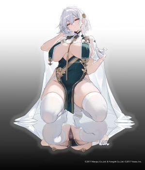 1girl absurdres azur_lane blue_dress braid breast_curtains breasts brown_panties cameltoe cleavage commentary covered_navel dress gloves gradient_background hair_between_eyes hair_ornament hand_up head_tilt high_heels highres kikimi large_breasts looking_at_viewer official_alternate_costume official_art panties parted_lips pelvic_curtain red_eyes reflection shoes short_hair sirius_(azur_lane) sirius_(azure_horizons)_(azur_lane) skindentation sleeveless sleeveless_dress solo squatting thick_thighs thighhighs thighs underwear white_background white_gloves white_hair white_shoes white_thighhighs