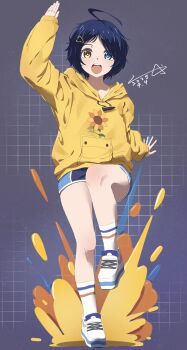 1girl absurdres blue_eyes blue_hair brown_eyes floral_print full_body hair_ornament hairclip heterochromia highres hood hood_down hoodie micro_shorts ooto_ai open_mouth shoes short_hair short_shorts shorts smile sneakers solo sunflower_print user_wcgp3843 wonder_egg_priority