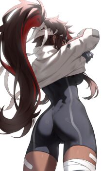 1girl absurdres arc2urus ass back bandaid_on_thigh black_gloves black_leotard breasts brown_hair clothes_lift commentary cropped_hoodie dark-skinned_female dark_skin english_commentary from_behind gloves hair_ribbon headband highres hood hoodie hoodie_lift juliette_(omega_strikers) large_breasts leotard lifting_own_clothes long_hair long_ribbon long_sleeves median_furrow multicolored_hair omega_strikers ponytail red_hair ribbon simple_background solo thigh_gap thighs toned toned_female very_long_hair white_background white_headband white_hoodie yellow_eyes