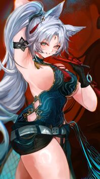 Rule 34 | 1girl, absurdres, animal ear piercing, animal ears, aqua eyes, aqua shirt, black gloves, black shorts, breasts, commentary, feixiao (honkai: star rail), forehead jewel, fox ears, fox girl, gloves, grey hair, hand fan, high ponytail, highres, holding, holding fan, honkai: star rail, honkai (series), large breasts, long hair, ponytail, shirt, short shorts, shorts, sideboob, smile, solo, thighs, very long hair, yuki flourish