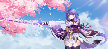 1girl absurdres arm_up blue_sky blunt_bangs braid breasts bridal_gauntlets cleavage cloud cloudy_sky commentary electricity genshin_impact glowing glowing_sword glowing_weapon gradient_hair hair_ornament head_tilt highres holding holding_sword holding_weapon japanese_clothes katana kimono lingerie long_braid long_hair long_sleeves looking_at_viewer medium_breasts mitsudomoe_(shape) multicolored_hair neck_ribbon off_shoulder outdoors pink_hair purple_eyes purple_hair purple_kimono purple_thighhighs raiden_shogun red_ribbon red_sash ribbon sash shiratori_aki single_braid sky solo sunlight sword thigh_gap thighhighs tomoe_(symbol) underwear weapon wide_sleeves