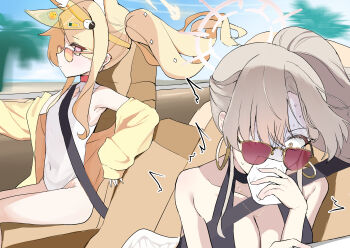 2girls absurdres animal_ear_fluff animal_ears bare_legs black_one-piece_swimsuit blonde_hair blue_archive breasts car car_interior cardigan carsick choker cleavage closed_mouth convertible covered_navel covering_own_mouth cross_halo diamond_cutout driving earrings extra_ears eyes_visible_through_hair feathered_wings feet_out_of_frame flat_chest flower fox_ears fox_girl from_side hair_flower hair_ornament hair_over_one_eye halo hand_up handkerchief highleg highleg_one-piece_swimsuit highres hoop_earrings jacket jewelry large_breasts loli long_hair long_sleeves looking_at_another looking_to_the_side mochini motion_sickness motor_vehicle multiple_girls nagisa_(blue_archive) nagisa_(swimsuit)_(blue_archive) nausea no_tail off-shoulder_sweater off_shoulder on_car one-piece_swimsuit open_cardigan open_clothes orange-tinted_eyewear outdoors palm_tree pink_eyes ponytail red-tinted_eyewear red_choker seatbelt seia_(blue_archive) seia_(swimsuit)_(blue_archive) shaded_face side_ponytail sidelocks sitting sleeves_past_wrists small_breasts sunglasses sweater swimsuit thighs tinted_eyewear tree very_long_hair visor_cap white_one-piece_swimsuit white_wings wings yellow_eyes yellow_halo yellow_jacket yellow_visor