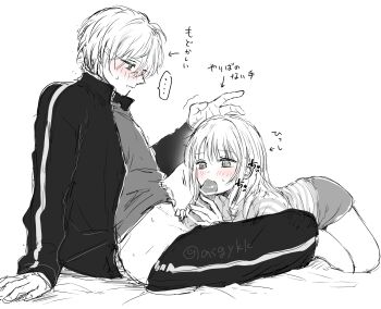 1boy 1girl absurdres asgykk black_jacket black_pants blush brother_and_sister censored dot_nose fellatio full_body highres hoshino_aquamarine hoshino_ruby incest jacket japanese_text legs long_hair long_sleeves monochrome oral oshi_no_ko pants penis penis_grab shirt short_hair shorts siblings sidelocks simple_background striped_clothes sweatdrop thighs touching_another&#039;s_crotch translation_request twins white_shirt