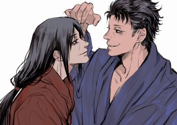 2boys aged_up commentary english_commentary from_side hair_tie highres japanese_clothes long_hair male_focus momoyoru1 multiple_boys naruto_(series) naruto_shippuuden old old_man ponytail short_hair sideburns simple_background uchiha_itachi uchiha_shisui upper_body white_background yaoi