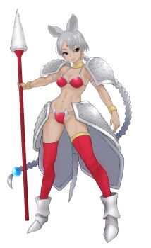 10s 1girl animal_ears armor armored_boots bikini_armor bindi black_eyes boots bracelet braid dark-skinned_female dark_skin earrings extra_ears facial_mark faulds female_focus forehead_mark full_body grey_hair hoop_earrings indian_rhinoceros_(kemono_friends) ise_(0425) jewelry kemono_friends long_hair looking_at_viewer neck_ring parted_lips pauldrons polearm red_thighhighs rhinoceros_ears rhinoceros_tail shoulder_armor simple_background smile solo spear standing stomach thighhighs very_long_hair weapon white_background