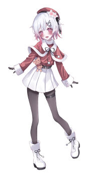 1girl :d absurdres alternate_costume belt beret black_belt black_gloves black_hat black_pantyhose black_ribbon boots brown_hat capelet commentary_request flower full_body fur-trimmed_capelet fur_trim gloves gradient_hair hair_flower hair_ornament hat highres long_sleeves looking_at_viewer mahou_shoujo_no_majo_saiban milmyo miniskirt multicolored_hair neck_ribbon open_mouth pantyhose pink_eyes pink_hair pleated_skirt pom_pom_(clothes) red_capelet red_sweater ribbon sakuraba_ema santa_costume short_hair simple_background skirt smile solo standing stuffed_animal stuffed_toy sweater teddy_bear thigh_strap white_background white_boots white_flower white_hair white_skirt winter_clothes x_hair_ornament