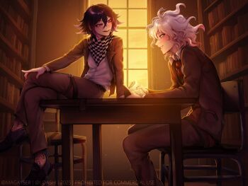 2boys absurdres arm_support backlighting blush chair checkered_clothes checkered_scarf commentary crossed_legs danganronpa_(series) danganronpa_2:_goodbye_despair danganronpa_v3:_killing_harmony english_commentary evening flipped_hair from_side hair_between_eyes hand_on_own_knee highres hope's_peak_academy_school_uniform indoors jacket komaeda_nagito library light_particles long_sleeves magayser male_focus medium_hair messy_hair multiple_boys necktie oma_kokichi on_chair on_table open_mouth pants profile purple_eyes red_necktie scarf school_uniform shirt short_hair sitting smile table teeth thigh_strap two-tone_scarf watermark window