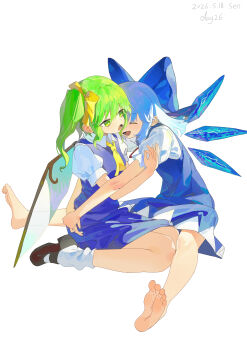 2girls :d absurdres ascot barefoot black_shoes blue_bow blue_dress blue_hair blush bow cirno closed_mouth commentary daiyousei dated dress english_commentary english_text fairy fairy_wings full_body green_eyes green_hair hands_on_another's_arm highres hug ice ice_wings loose_socks lower_teeth_only medium_hair multiple_girls open_mouth ribbon shirt shoes short_sleeves side_ponytail sitting smile socks tearing_up teeth touhou wariza white_background white_shirt white_socks wings wu_yue_(vuples) yellow_ascot yellow_ribbon