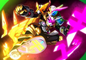 Rule 34 | 1boy, armor, black bodysuit, blue eyes, bodysuit, clenched hand, finishing move, flying kick, fusion, gold armor, heterochromia, highres, kamen rider, kamen rider geiz, kamen rider woz, kamen rider zi-o, kamen rider zi-o (series), kamen rider zi-o trinity, kicking, male focus, mask, open hand, otokamu, pink eyes, red armor, rider kick, rider watch, trinity riderwatch, watch, wristwatch, yellow eyes