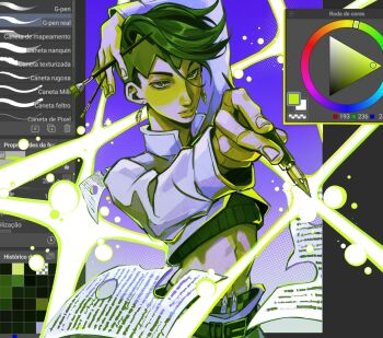 1boy arm_up belt_buckle buckle closed_mouth commentary crop_top cropped_jacket diamond_wa_kudakenai earrings english_text fingernails green_eyes green_hair green_headband green_theme grey_jacket headband high_collar highres holding holding_paintbrush holding_pen ink jacket jewelry jojo_no_kimyou_na_bouken kishibe_rohan long_sleeves looking_at_viewer male_focus midriff navel nib_pen_(object) paintbrush paper pen pencil solo user_interface window_(computing) yissopiart