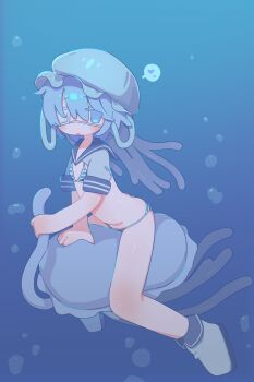 1girl absurdres air_bubble bikini blue_bikini blue_eyes blue_hair blue_sailor_collar blue_shrug bubble commentary_request eyepatch flat_chest full_body grey_shoes hat heart highres jellyfish lowleg lowleg_bikini medical_eyepatch mob_cap navel original riding sailor_collar shoes shrug_(clothing) solo spoken_heart striped_bikini striped_clothes swimsuit toumei_tou underwater