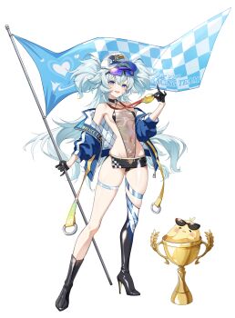 1girl :d absurdres alternate_costume asymmetrical_legwear bare_shoulders black_gloves black_skirt blue_eyes blue_hair blue_jacket blush boots breasts character_name clothes_pull commentary_request excited flag florence_(girls&#039;_frontline_2) full_body girls&#039;_frontline girls&#039;_frontline_2:_exilium gloves hand_up happy heart heart-shaped_pupils high_heel_boots high_heels highres hip_focus holding holding_flag holding_medal jacket jacket_pull legs leotard long_hair microskirt navel nude off_shoulder open_clothes open_jacket open_mouth pa-15_(girls&#039;_frontline) race_queen romi_(9_romi_7) see-through_clothes see-through_midriff sideless_leotard single_thigh_boot skirt small_breasts smile solo sunglasses symbol-shaped_pupils thigh_boots thigh_strap thighs very_long_hair