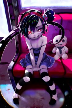 1girl backlighting black_hair borrowed_character clothes_pull colored_skin dress dress_pull eyepatch fiz-rot flat_chest hair_ornament hairband head_tilt highres kepa_(najucaju_naju) knees_together_feet_apart legs loli long_hair nipples original panties panty_pull pigeon-toed red_eyes sitting skull-shaped_pupils skull_hair_ornament smile solo spaghetti_strap stuffed_toy symbol-shaped_pupils tentacles thighhighs thighs thong train_interior tsurime underwear very_long_hair