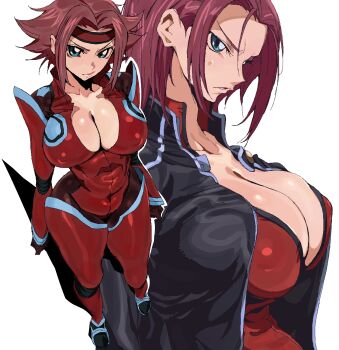 1girl absurdres blue_eyes breasts bursting_breasts cleavage code_geass covered_erect_nipples female_focus headband highres huge_breasts kouzuki_kallen red_hair solo standing whoopsatro