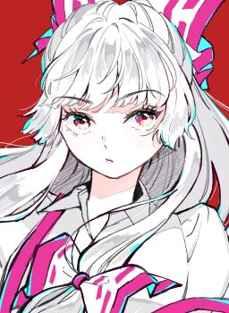 1girl :/ absurdres blunt_bangs bow closed_mouth fujiwara_no_mokou hair_bow highres konruri_blue long_hair pink_trim red_background simple_background solo suspenders touhou very_long_hair white_background white_hair yellow_eyes