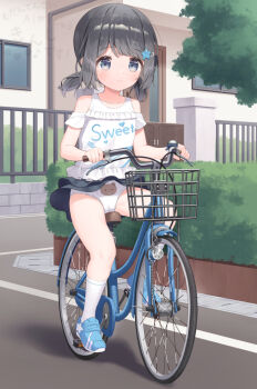 1girl animal_print bear_panties bear_print bicycle black_hair blue_eyes clothes_lift commentary_request commission front-print_panties hair_ornament hairclip legs loli makigai makino_yuna miniskirt original outdoors paid_reward_available panties print_panties riding shirt shoes short_hair skeb_commission skirt skirt_lift socks solo star_(symbol) thighs twintails underwear white_panties white_shirt white_socks wind wind_lift