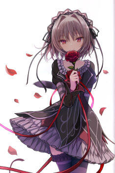 1girl aoi_tori_(purple_software) arm_behind_back black_dress black_hairband black_ribbon closed_mouth collarbone commentary_request company_connection cowboy_shot dress dress_flower dress_ribbon falling_petals floating_hair flower frilled_dress frilled_thighhighs frills gensou_roukaku gothic_lolita grey_hair hair_between_eyes hair_intakes hair_ribbon hairband hand_up hapymaher holding holding_flower juliet_sleeves lolita_fashion long_ribbon long_sleeves looking_at_viewer medium_hair naitou_maia petals puffy_sleeves purple_software red_eyes red_flower red_ribbon red_rose ribbon rose rose_petals scene_reference short_dress simple_background slit_pupils smile solo split_mouth striped_clothes striped_thighhighs thighhighs tsurime two_side_up white_background wide_sleeves