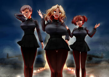 absurdres aircraft airplane alisa_(girls_und_panzer) blonde_hair blue_eyes blush breasts brown_eyes brown_hair brown_pantyhose freckles girls_und_panzer hand_on_own_hip highres kay_(girls_und_panzer) kuromorimine_school_uniform large_breasts long_hair miniskirt nabeyu naomi_(girls_und_panzer) open_mouth outdoors pantyhose school_uniform short_hair skirt sky smile tongue tongue_out twintails