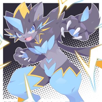 1other animal_ears black_fur blue_eyes blue_fur body_fur claws commentary electricity fang furry gen_7_pokemon highres horns legendary_pokemon mega_pokemon mega_zeraora multicolored_fur mythical_pokemon nintendo open_mouth pokemon pokemon_(creature) pokemon_focus pokemon_legends:_z-a rullu_1507 single_horn smile solo symbol-only_commentary two-tone_fur whiskers zeraora