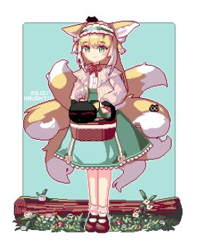 1girl animal_ear_fluff animal_ears animated animated_gif arknights basket black_cat blonde_hair bobby_socks brown_footwear cardigan cat chinese_commentary closed_mouth colored_tips commentary_request crossover dated fox_ears fox_girl fox_tail frilled_hairband frills full_body green_eyes green_hairband green_skirt hairband heixiu high-waist_skirt in_basket in_container kitsune kyuubi log long_sleeves looking_at_viewer luo_xiaohei luo_xiaohei_(cat) luo_xiaohei_zhanji mary_janes medium_skirt multicolored_hair multiple_tails naught_ix neck_ribbon official_alternate_costume open_cardigan open_clothes pixel_art puffy_long_sleeves puffy_sleeves red_ribbon ribbon shirt shoes skirt smile socks standing suzuran_(arknights) suzuran_(spring_praise)_(arknights) tail two-tone_hair white_hair white_shirt white_socks yellow_cardigan