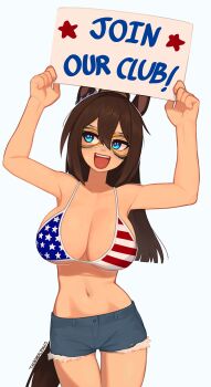 1girl :d absurdres american_flag american_flag_bikini american_flag_print animal_ears arms_up artist_name bare_arms bare_shoulders bikini blue_eyes breasts brown_hair cleavage commentary cowboy_shot cutoffs domino_mask ear_scrunchie el_condor_pasa_(umamusume) english_commentary english_text eye_mask flag_print flag_print_bikini hair_between_eyes highres holding holding_sign horse_ears horse_girl horse_tail large_breasts long_hair mask navel open_mouth ponytail print_bikini short_shorts shorts sign simple_background smile solo stomach swimsuit tail thigh_gap umamusume white_background yoako